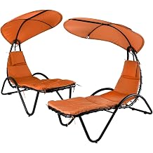 2X Hanging Chaise Outdoor Lounge Chair Hammock with Sun Shade Canopy، Wide Umbrella، Cushion، Stand for Backyard، Poolside Orange