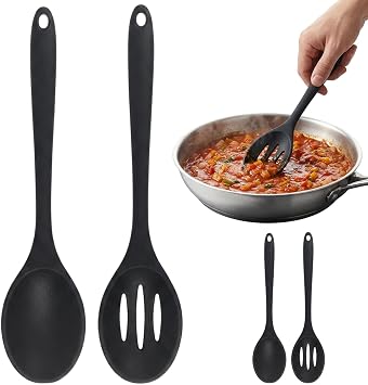 2PCS Black Cooking Spoons Set,Slotted Spoon,Kitchen Utensils for Everyday Meal Preparation, Comfortable Handle Design, Ideal for Draining and Stirring Various Foods
