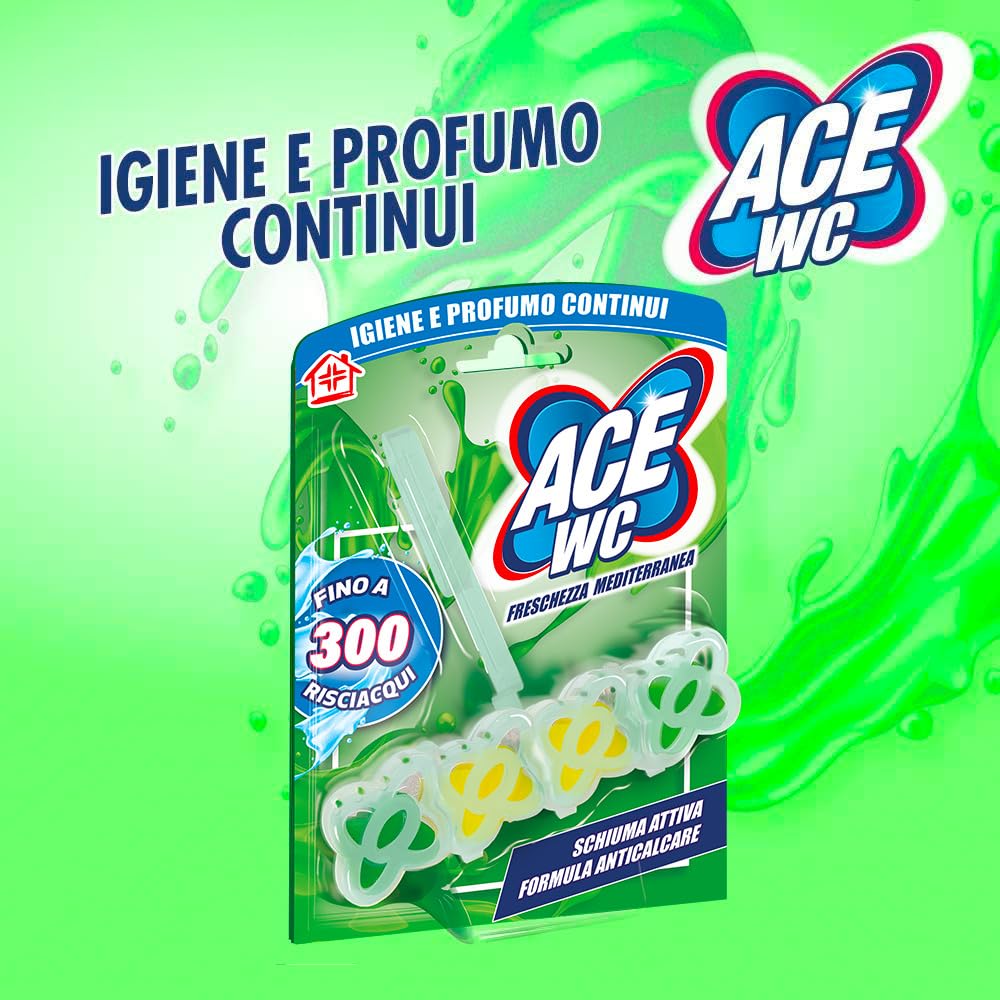 ACE Tavoletta WC Freschezza Mediterranea Anticalcare – Detergente WC con Schiuma Attiva, Profumo Agrumato, Igiene e Pulizia Continua del WC fino a 300 Risciacqui, Confezione da 12 pezzi