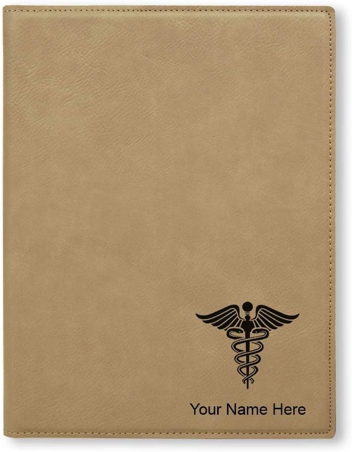 Small 7" X 9" Portfolio Notepad, Caduceus Medical Symbol, Personalized Engraving Included (Light Brown)