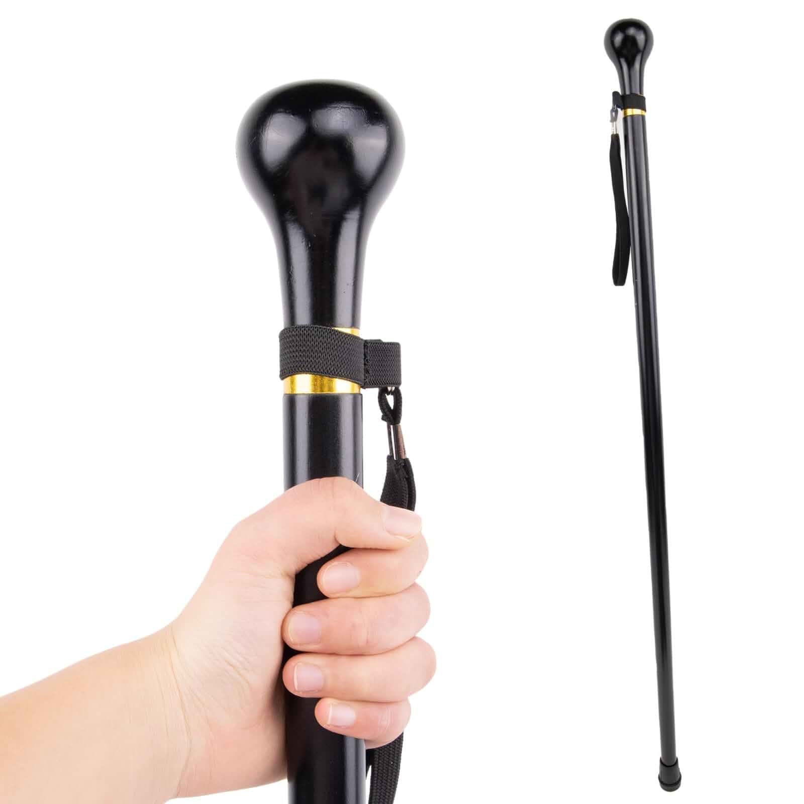 Black Wooden Walking Cane for Men Women, One Piece Solid Wood Walking Stick Ergonomic Wood Cane for Seniors Better Rubber Tips