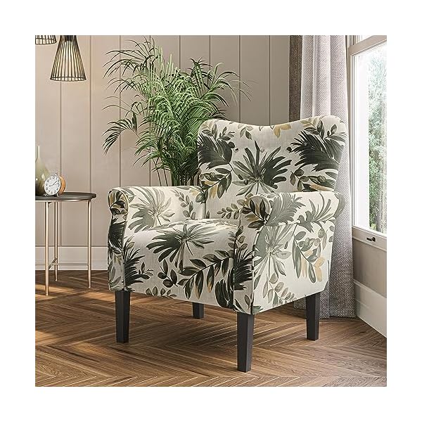 Belleze modern accent chair for living room high back floral armchair with wooden legs upholstered wingback side chair padded armrest single sofa for living room bedroom allston green floral  urban country home decor