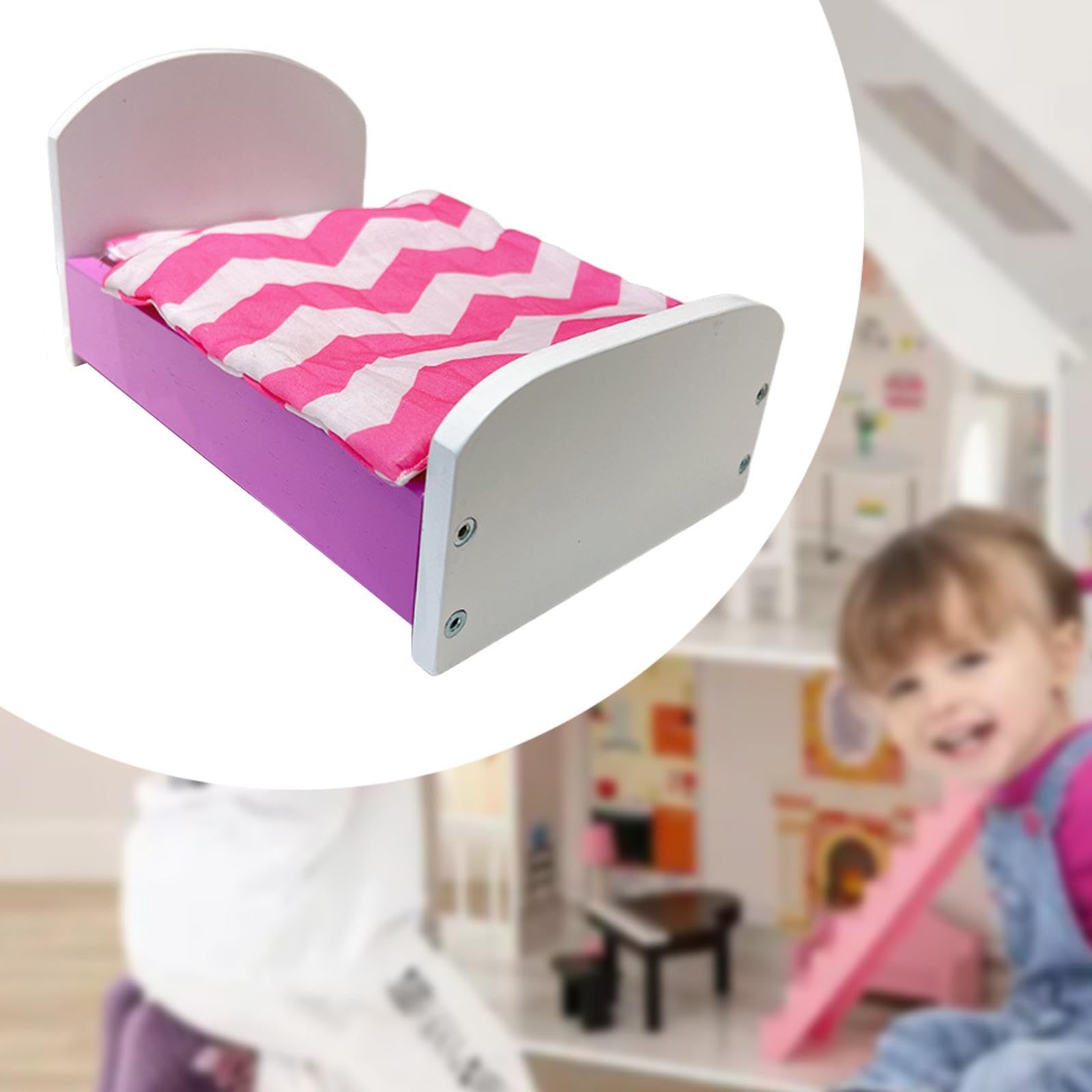 Letto Miniatura Casa delle Bambole Accessorio Mobile Stanza Legno Realismo Dettagli Adatto per Gioco Bambini Regalo Camera Miniatura, Viola