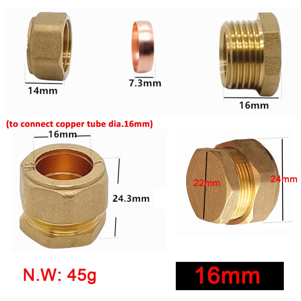 Brass Tube Compression Fitting, Compression Stop End Cap Copper Compression Sleeves Ferrule Fitting to Ending Brass Pipe (16mm) - Image 2