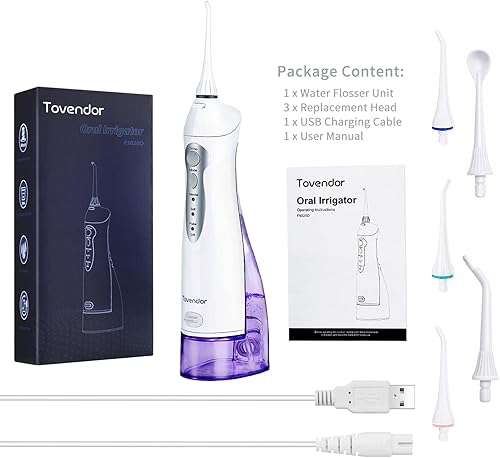 Miniatura 7 de Tovendor Irrigador Dental Eléctrico de Agua, Hilo Dental Inalámbrico, Irrigador Oral IPX7 Resistente al Agua, 300ML Recargable, Limpiador de Dientes