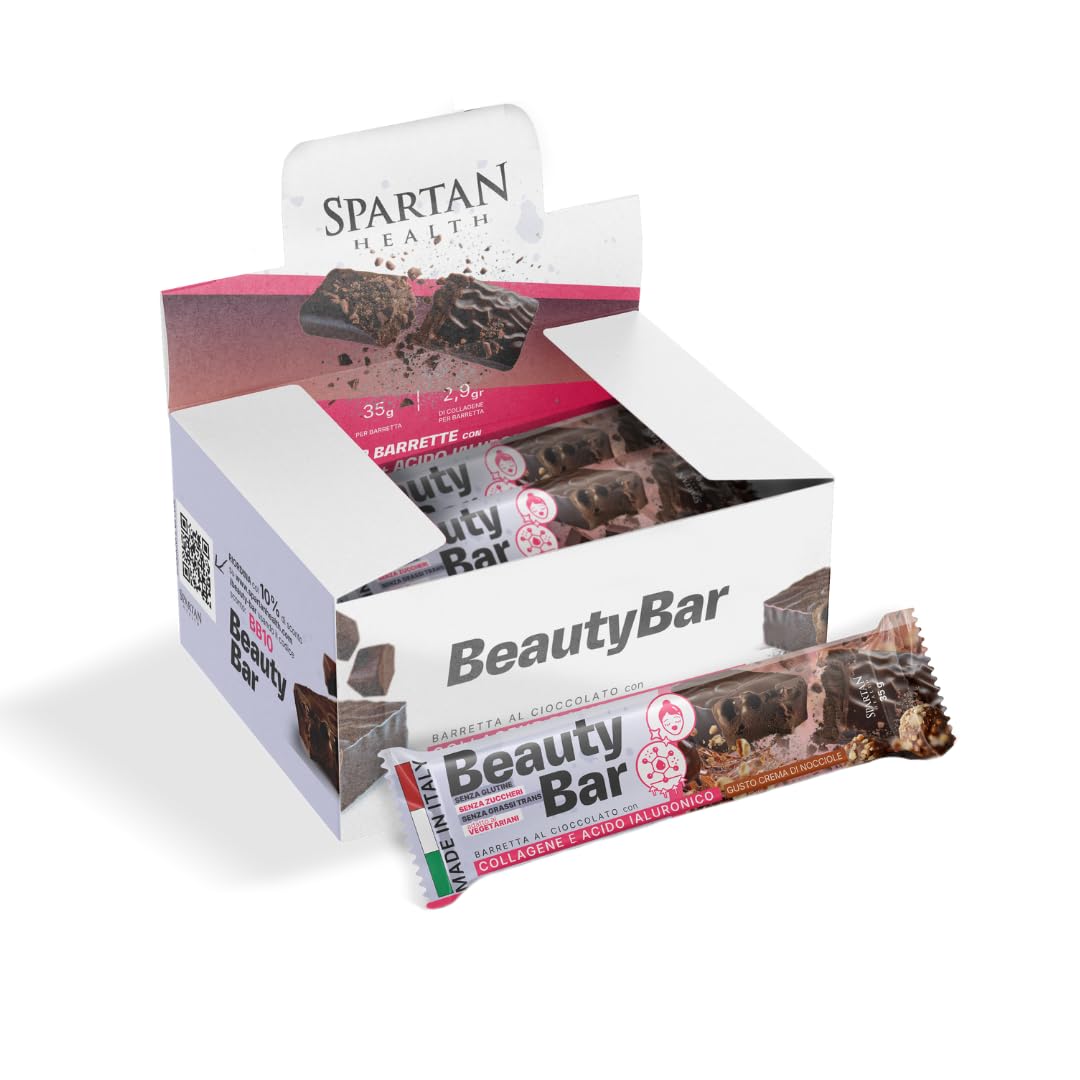 Beauty Bar Suplemento Belleza Spartan Health con colágeno péptidos hidrolizados, vitamina C, biotina | Apoyo de articulaciones, piel y cabello | Chocolate artesanal italiano (crema de avellanas)