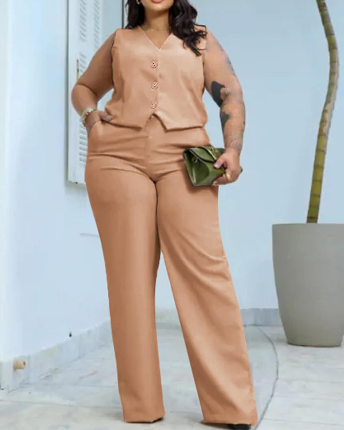 Women's Plus Size Pant Suits 2 Piece Outfits Button Vest Blazer Pockets Wide Leg Pants Sets Casual Pantsuits - Image 7