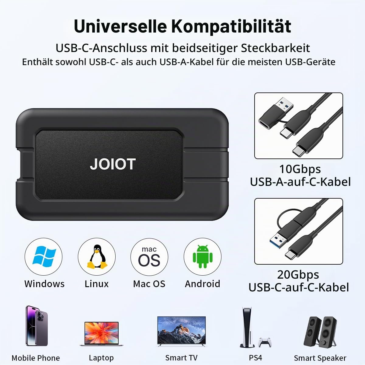 JOIOT Externe SSD 1TB Portable Festplatte USB-C 3.2 Gen 2x2 mit 2000 MB/s Lesen und 1700 MB/s Schreiben Tragbares SSD 1TB mit Schutzhülle für Mac PC Smartphone Laptop Schwarz