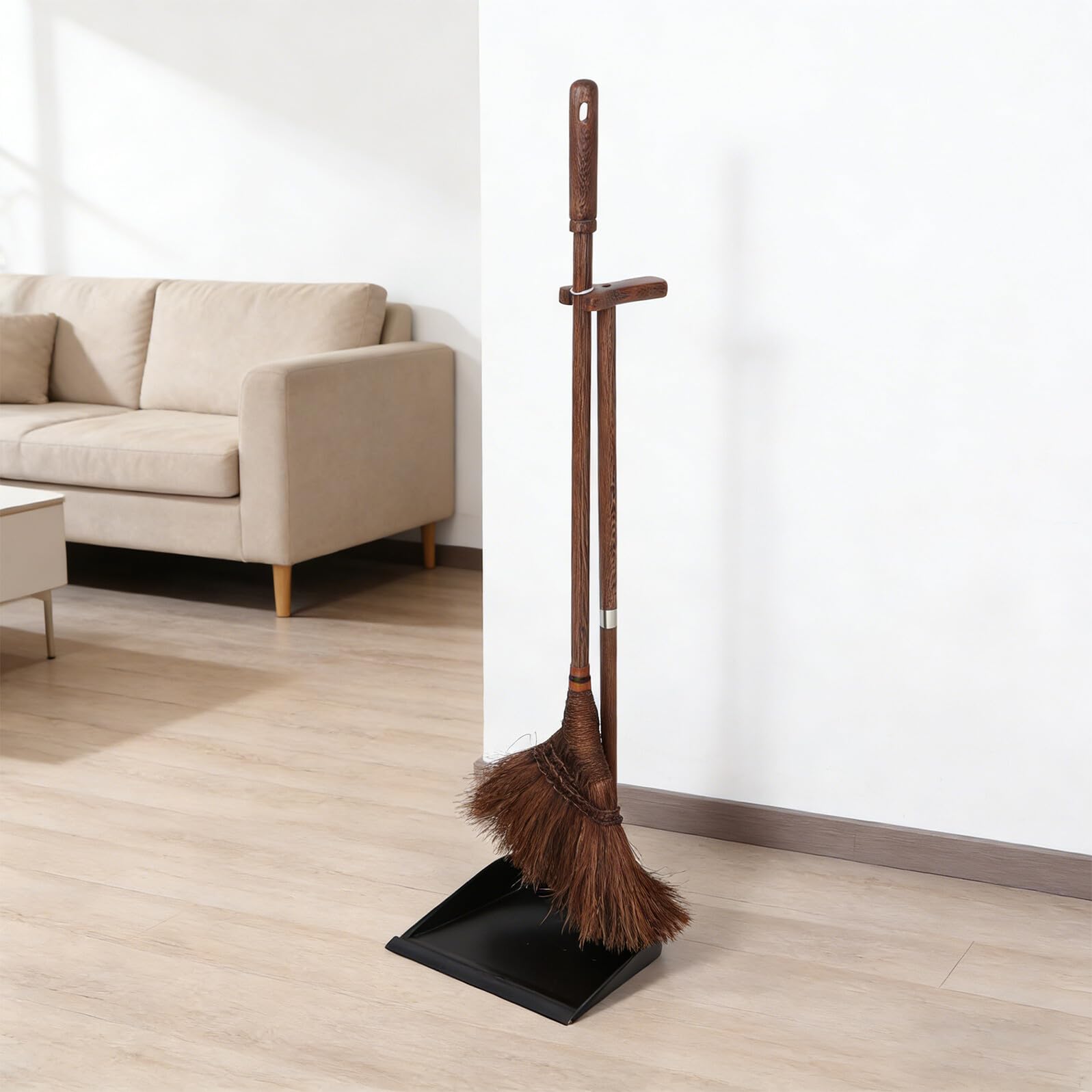 Juego de Escoba y Recogedor de Madera Café para Limpieza Interior | Cerdas Suaves de Palma, Resistente a Deformación, Antiestático, para Dormitorios y Recogida de Pelo