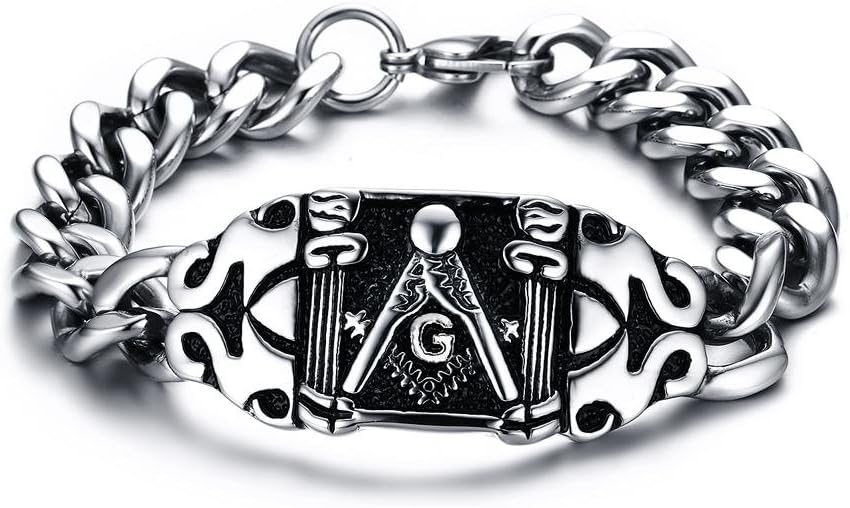 MEALGUET Chunky Stainless Steel Masonic Freemason Symbol Polished Chain Link Bracelets for Men, 8.2"