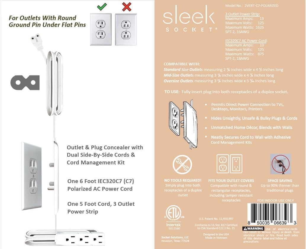 Sleek Socket Original & Patented Ultra-Thin Outlet Concealer with Cord Concealer Kit, Top 6 Foot A/C Power Cord for Mounted TV with C7 or C13 Connector, Bottom 5 Foot Cord, 3 Outlet Power Strip