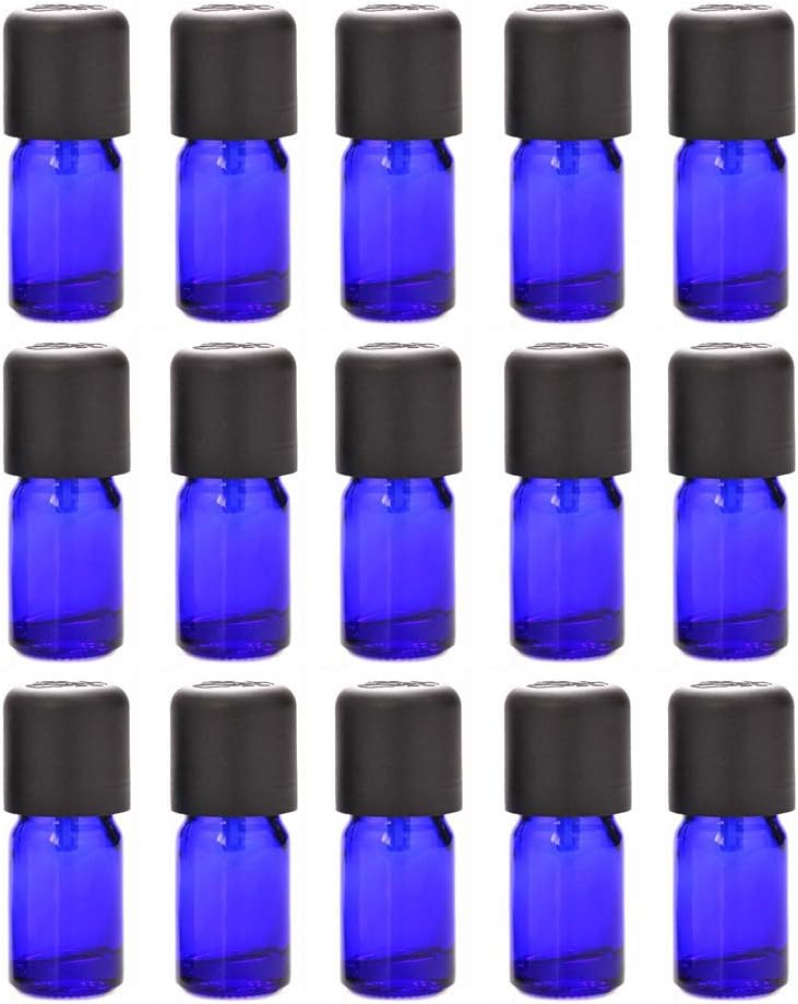 Constore 5ml Cobalt Blue Glass Bottle For Essential Oil Refillable Vials with Euro Dropper Orifice Reducer Empty Containers Cosmetic Dispenser Child Resistant Black Cap-15 Pack