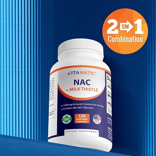 Miniatura 6 de Vitamatic Suplemento NAC N-acetil-L-cisteína (NAC) con extracto 501 de cardo mariano - Apoya la salud inmunológica, respiratoria, hepática, 1200 mg