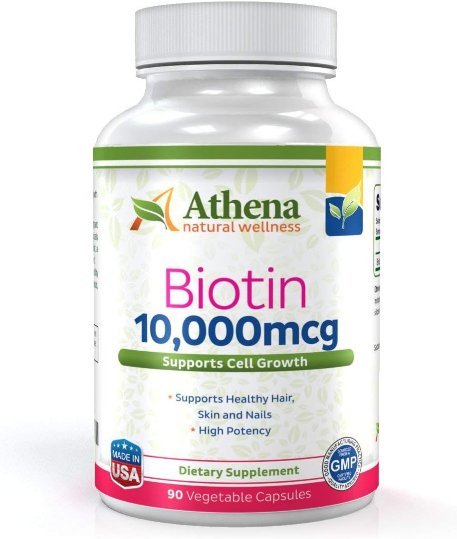Athena - Biotin Vitamin 10,000mcg - Supports Healthy Hair, Skin and Nails - Suitable for Vegetarians - 90 Vegetable Softgels Capsules Supplement