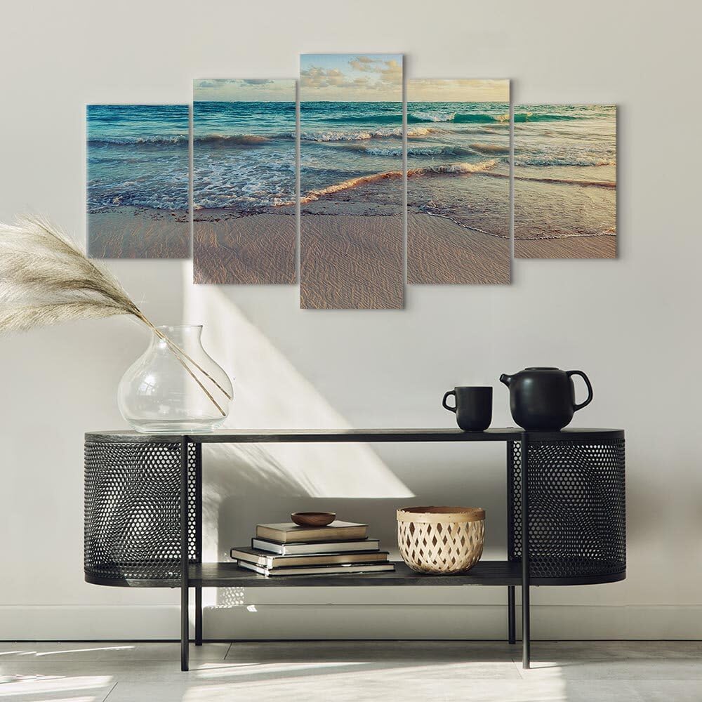 decomonkey - Impression sur Toile Paysage Mer Plage 150x75 5 Pièces - Tableau Décoration Appartement Cadre en Bois Déco Salon Peinture sur Toile Nuages vagues mer ciel sable plage tropical eau