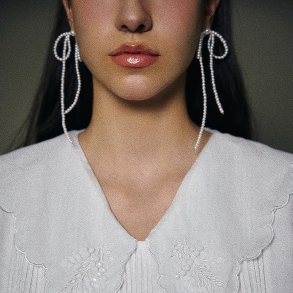 Bow Pearl Stud Earrings for Women,Long Beaded Statement Pearl Drop Earrings Jewelry,925 Silver - Image 4