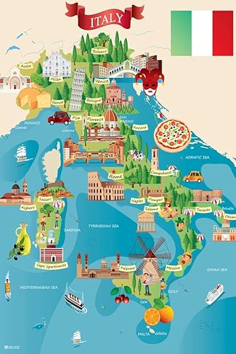 Póster con diseño de mapa ilustrado de destinos turísticos italianos y de viaje, 12.0 x 17.9 in