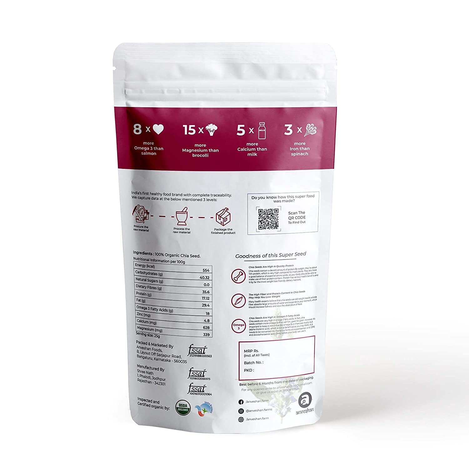 QURA Organiczne nasiona chia | nieprażone, certyfikat USDA, zarządzanie utratą wagi, bogate w kwasy tłuszczowe omega-3, woreczek 300 g