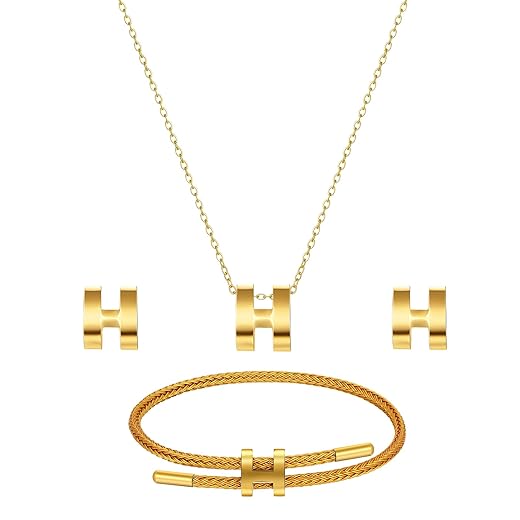 H Jewelry Set for Women 3 Piece, H Titanium Steel Necklace, Earrings, Bracelet Set, Hypoallergenic Ear Studs, Adjustable Chain, Eco Friendly Packaging
