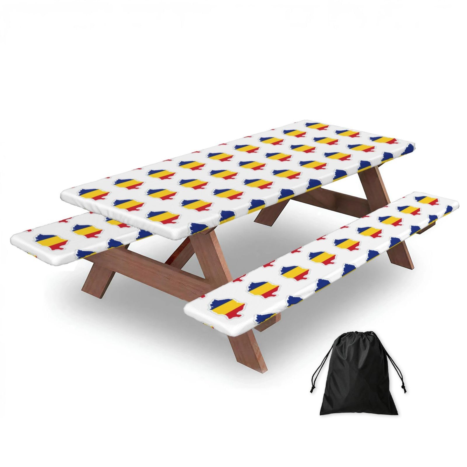 Zyjhyy Black Romania Flag Map Print Party Table Covers With Bench Covers Set Of 3 Picnic Table Cloth Wipe Clean For Garden Camping
