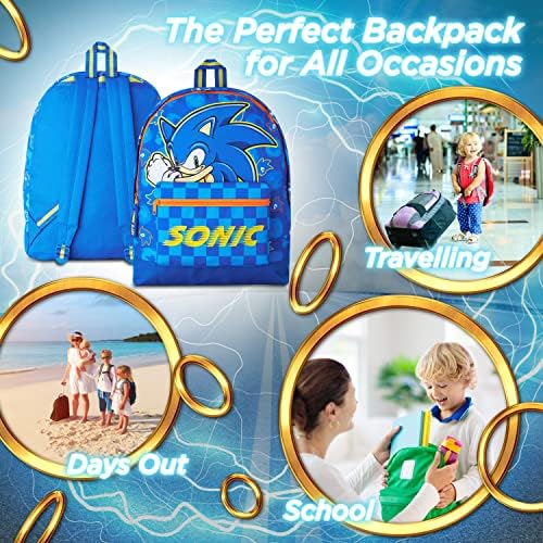 Sonic The Hedgehog School Bag Kids Backpack for Boys Blue Large Capacity Backpack for School Travel Sports Book Bag 2 Pockets Sonic Gifts for Boys