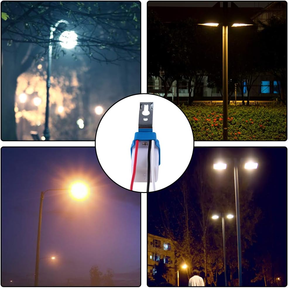 Collage of images showing the photocell switch in various outdoor lighting scenarios, such as streetlights and garden lights, demonstrating its application.