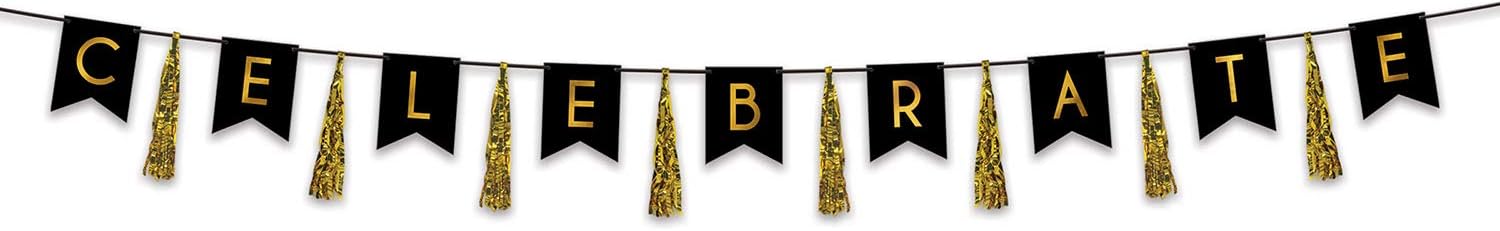 Beistle Roaring 20's Party Decorations, Celebrate Letter Streamer with Gold Metallic Tassel 13 Inch x 12 Feet, Pack 12