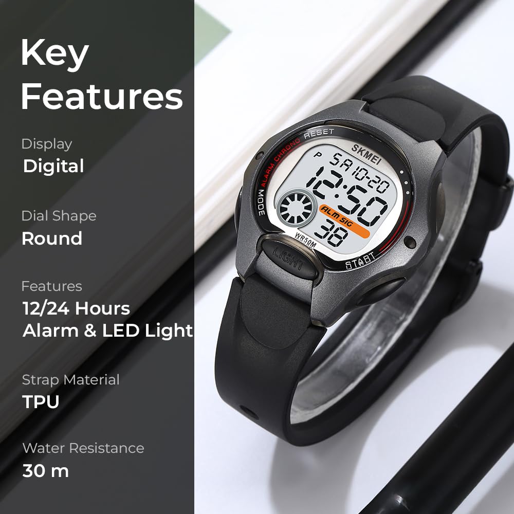 Key features of the SKMEI 2129 watch including digital display, round dial, 12/24 hours, alarm, LED light, TPU strap, and 30m water resistance.