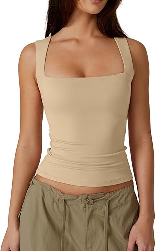 QINSEN Women's Square Neck Sleeveless Double-Layer Tank Tops Basic Tight