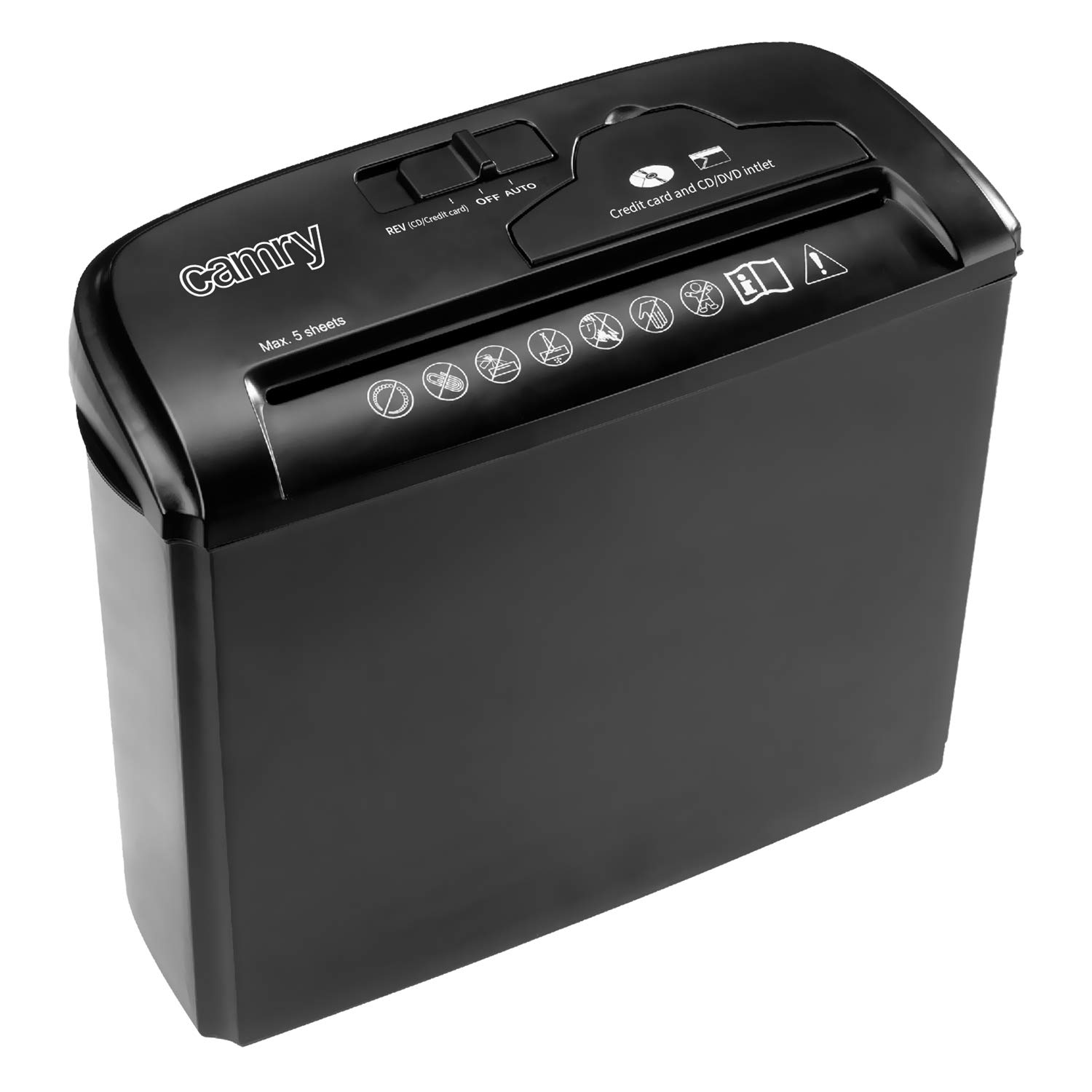 Camry CR1033 Destructora de Papel 5 hojas, trituradora de CD, DVD y tarjetas de crédito, recipiente separable 7 litros, encendido automático, negra
