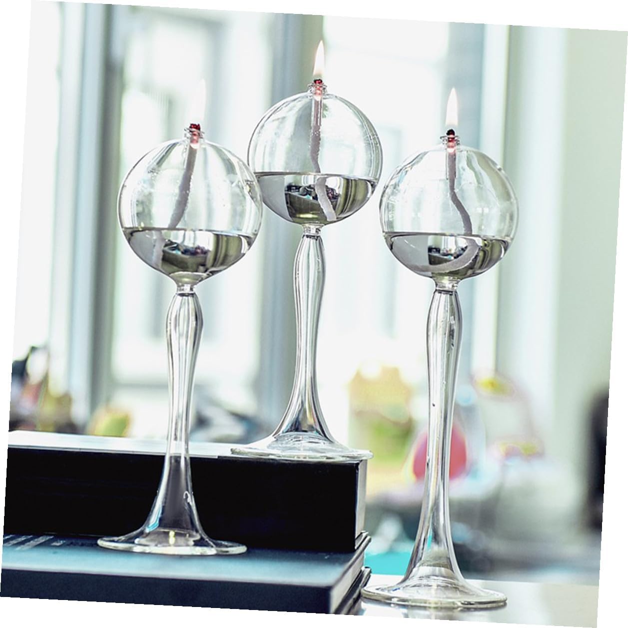 Glass Oil Lamp Holders Set, 3pcs Tall Glass Candle Holders, Vintage Style Keroseneless Oil Lamp Decor for Home, Wedding, and Dinner Table Centerpiece