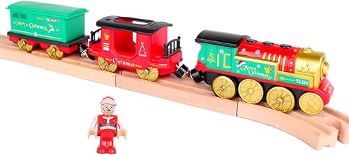 Miniatura 9 de Tren a pilas para pista de madera, juego de locomotora de tren motorizado de Navidad con conexión magnética, luces y sonidos, accesorios de tren de