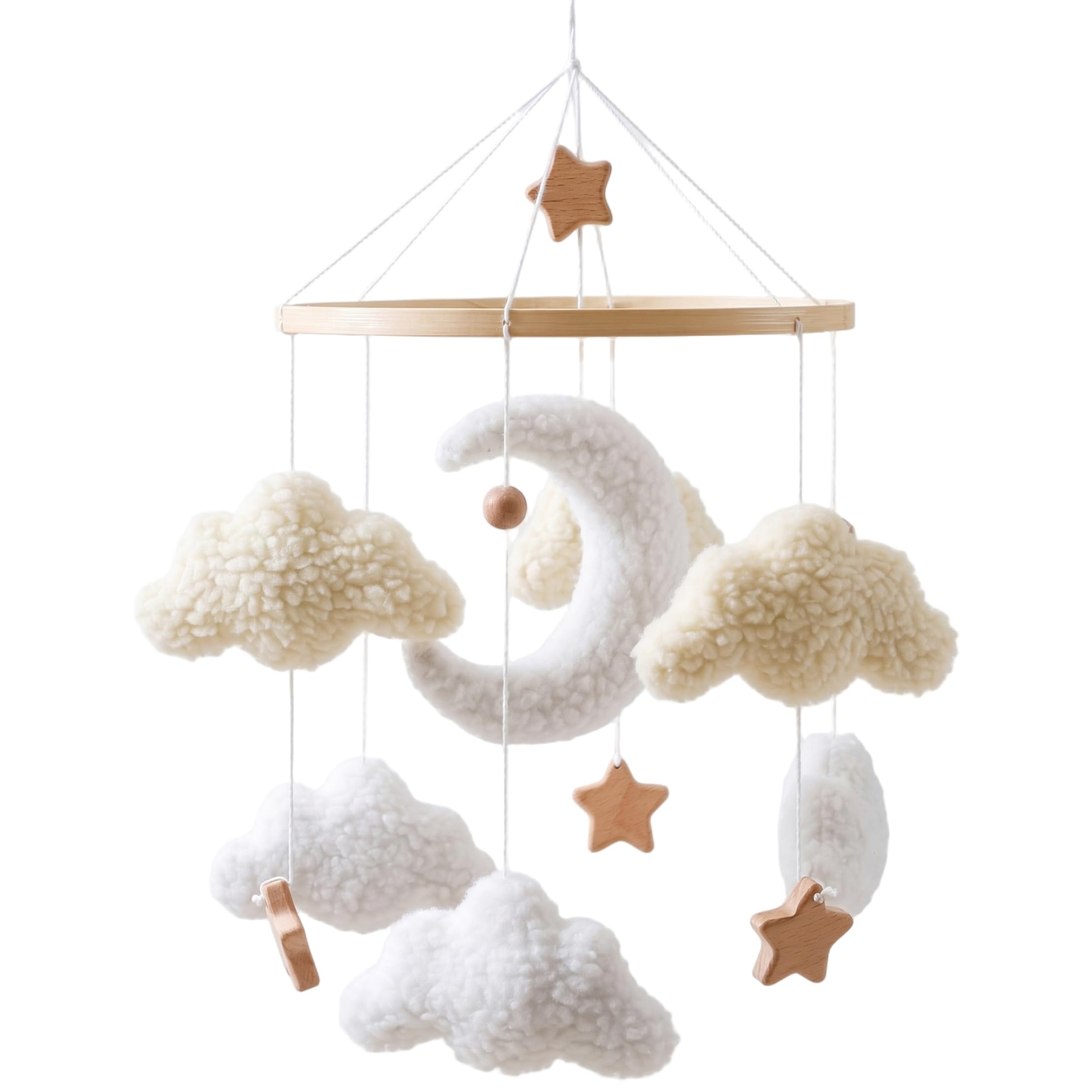 Baby Crib Mobile, Hanging Nordic Style Nursery Mobiles with Moon, Clouds & Wooden Stars Baby Mobile for Crib - Beige