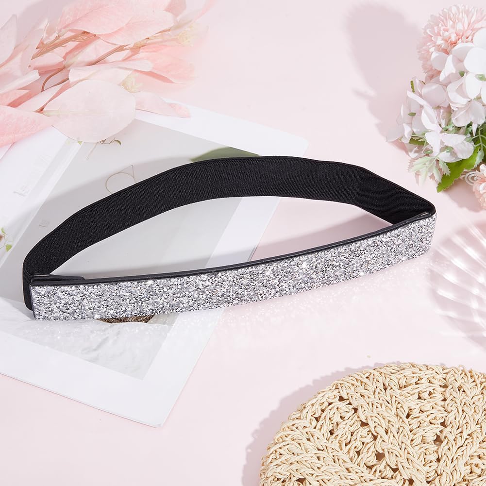 Glitter Elastic Belt Rhinestone Shiny Sash Flat Wide Waist Band Belts PU Leather Stretch Waistband for Women image 4