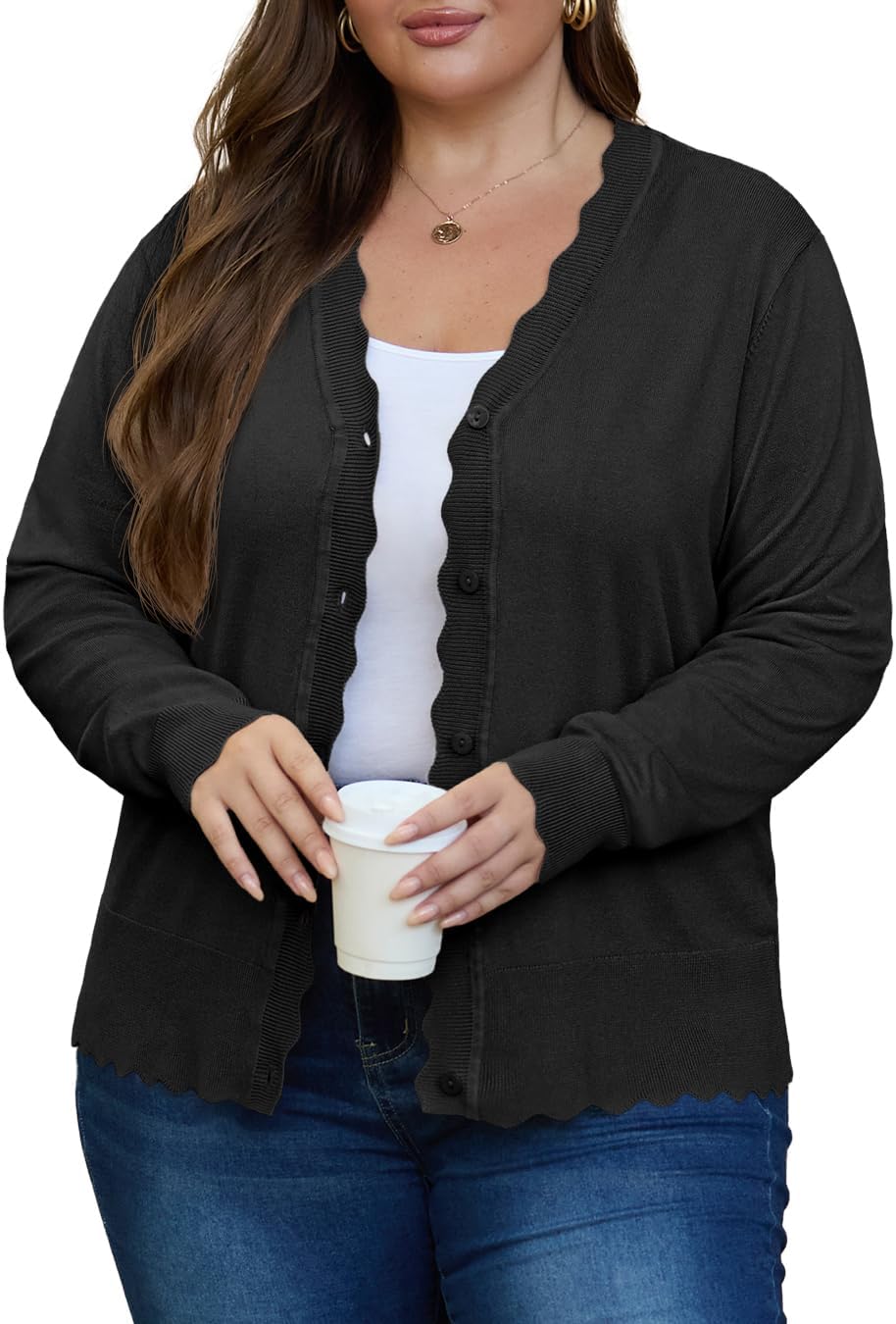 OLRIK Plus Size Cardigan for Women Cropped Long Sleeve V-Neck Buttons Down Ribbed Wave Edges Casual Knit Shrugs - Image 3