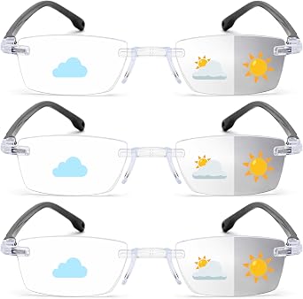 Auto Focus Rimless Reading Glasses Men Women 3 Pack Photochromic Anti-blue Light Glasses Non-Prescription Readers