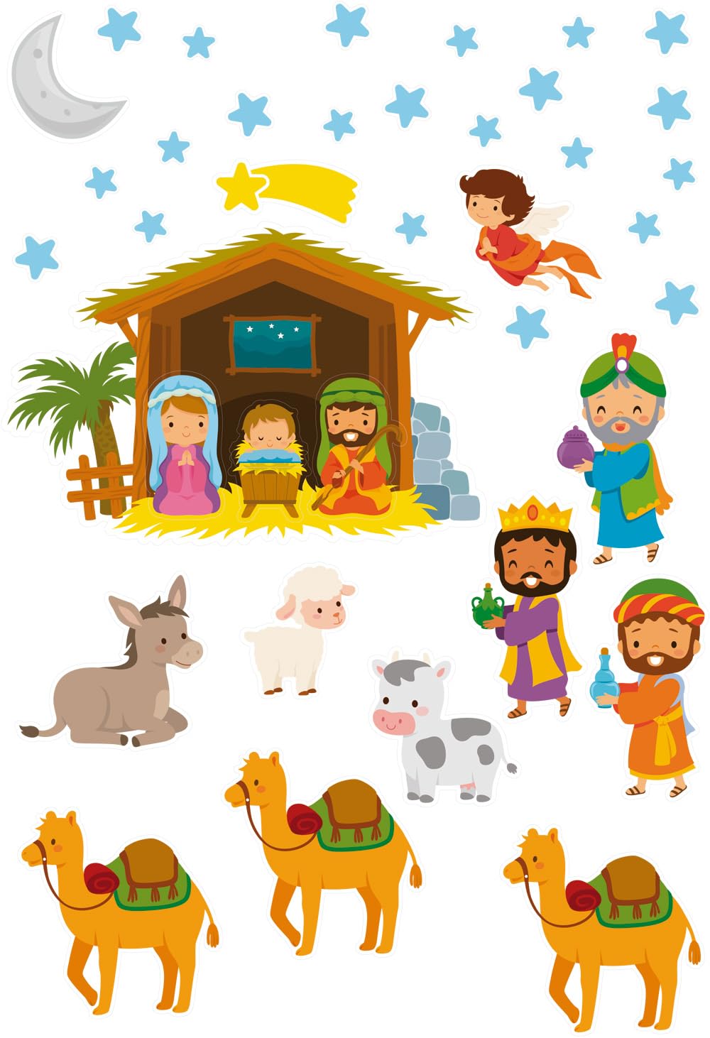 Pesebre con Reyes Magos, Portal de Belén. Figuras Navideñas del Nacimiento en Vinilo Electroestático Removible para cristales con 39 elementos decorativos para ambientar y divertirse en familia.