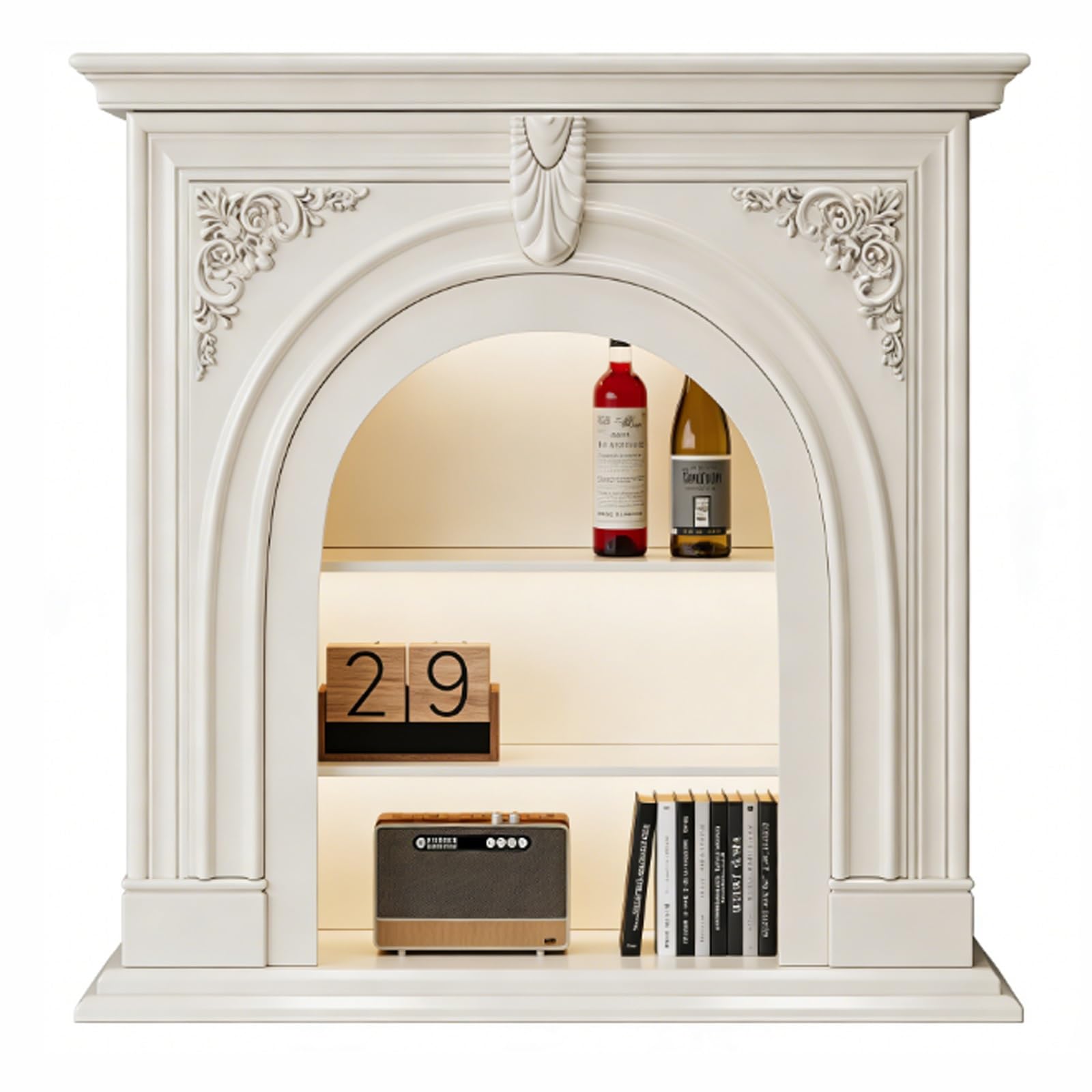 Freestanding Carved Solid Wood Fireplace Mantel with Open Storage Shelves Decorative Surround Decorative