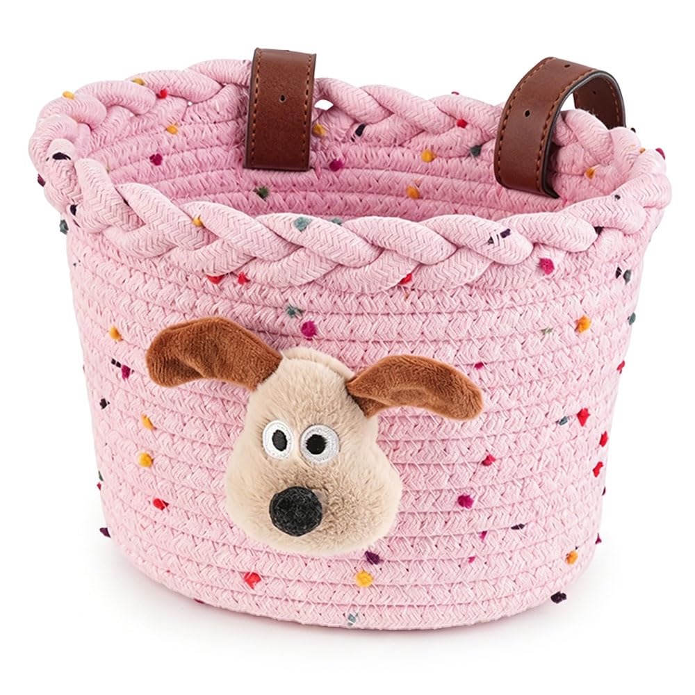 Children's Front Bicycle Basket, Small Bicycle Basket with 2 Leather Straps, Colourful Woven with Puppy Decoration, Removable Balance Bike Basket for Most Bicycles, Scooters, Wheels (Pink Puppy)
