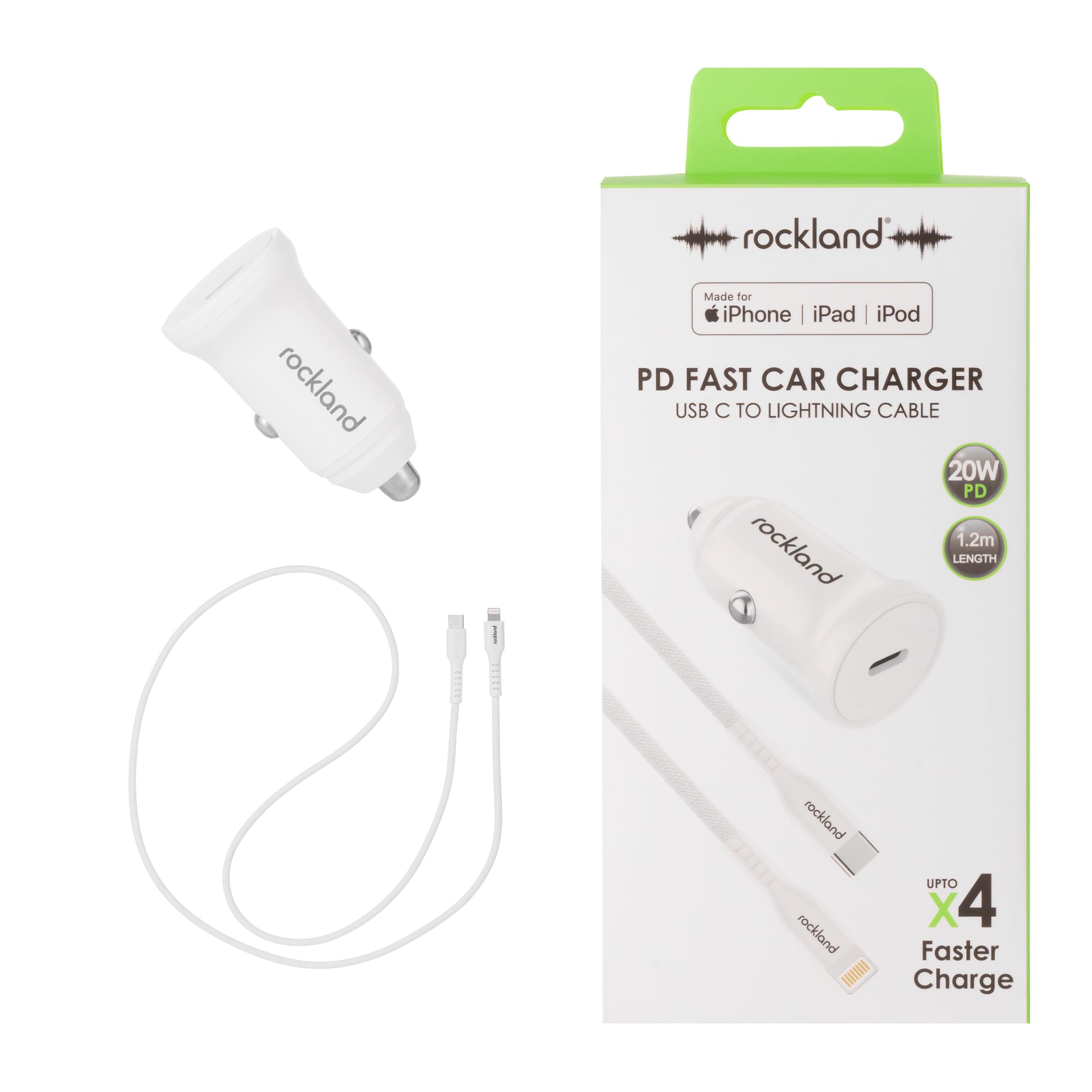 Rockland 20W PD Fast Car Charger with USB C to Lightning Cable, MFI assured iPhone iPad Car Adapter, Apple Power Delivery Vehicle Charger