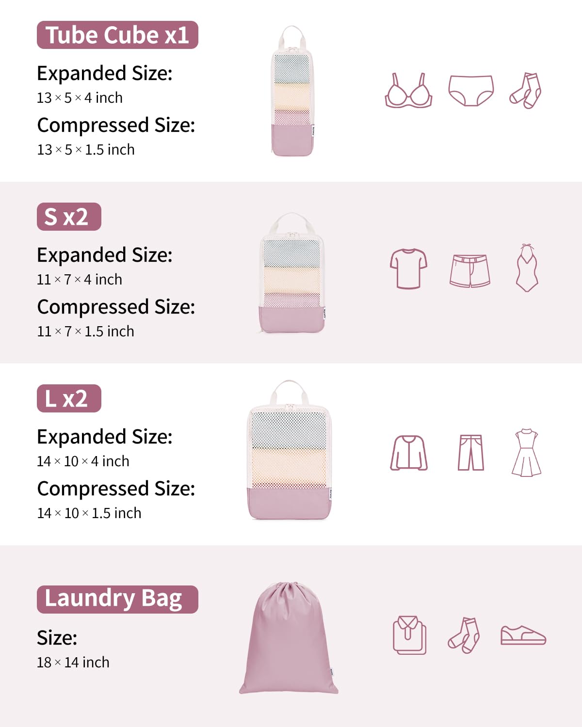 Narwey 6er-Set Kompressions-Verpackungswürfel für Reisen für Damen, Pack-Organizer für Rucksack, Gepäck, Koffer, Seesäcke (Dusty Rose)