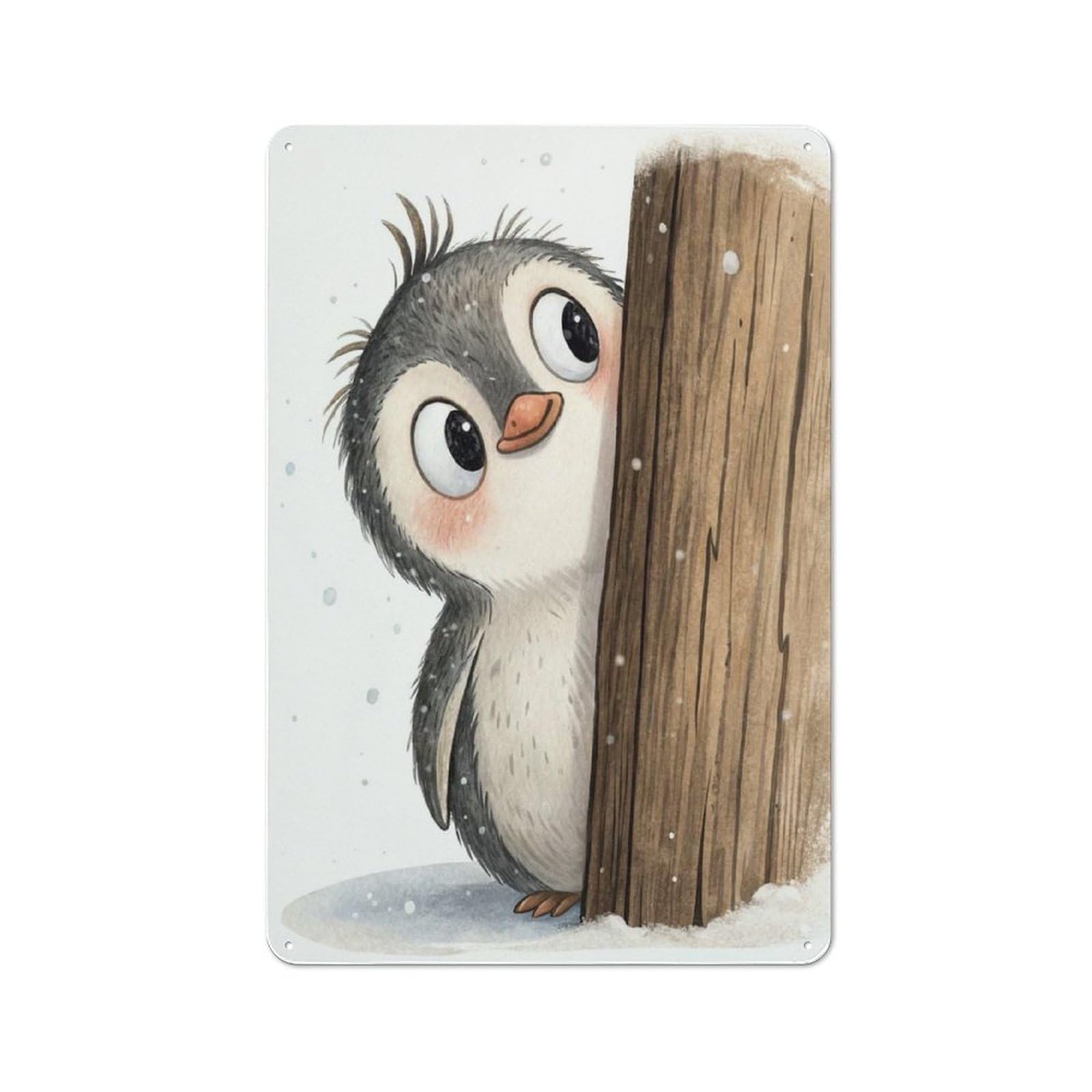 Junmoney Style-12 Cute Penguin Peeking Behind A Wooden Post Everyday Metal Wall Decor 30X20cm, Vintage Metal Sign For Hallway, Home Bar, Garage Or Study