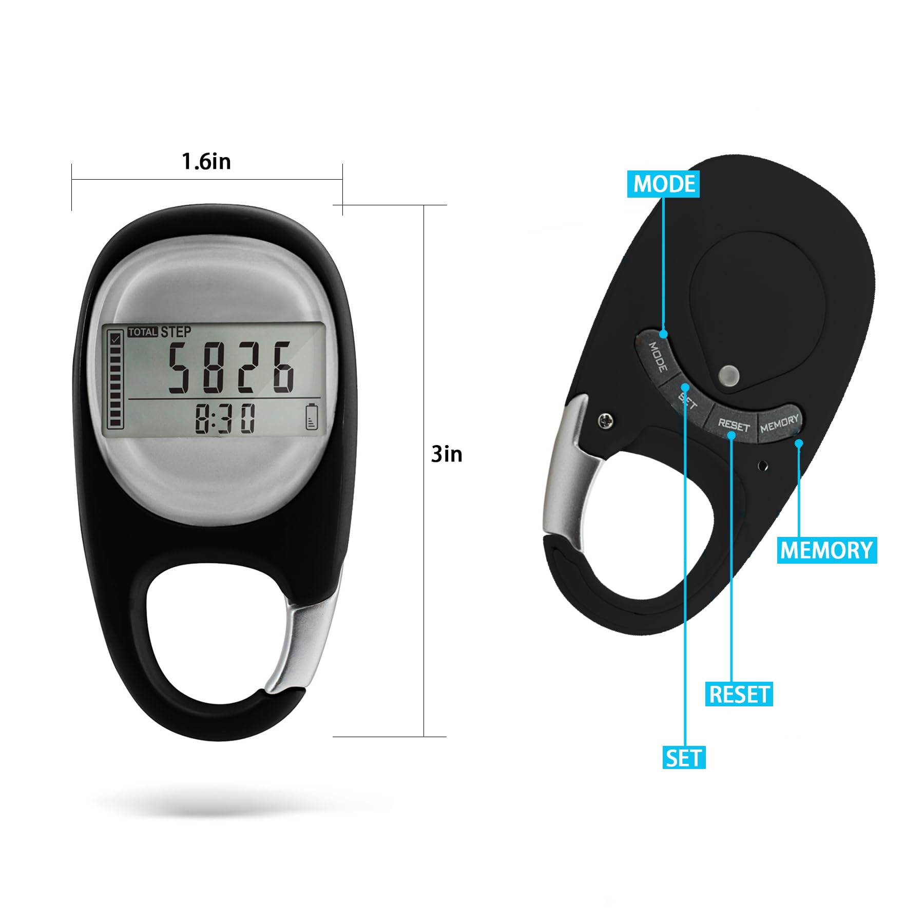 Digital Pedometer Step Counter with Carabiner Clip, 3D Sensor Technology, LCD Display, Carbon Black