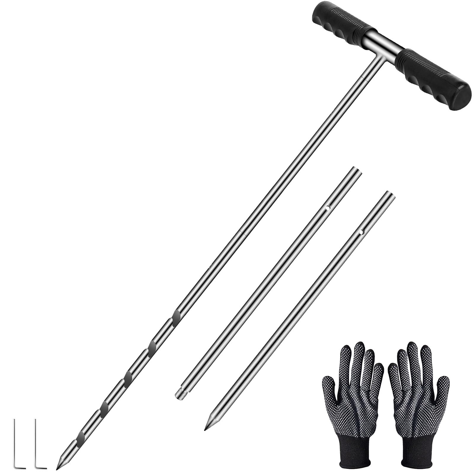 Yosuny Solid Stainless Steel Soil Sample Probe and Combined Probe Rod, Adjustable 17-32-48 Inch Probe Tool with T-Handle, Soil Sample Collecting for Lawn Agriculture, Ground Locating Tool