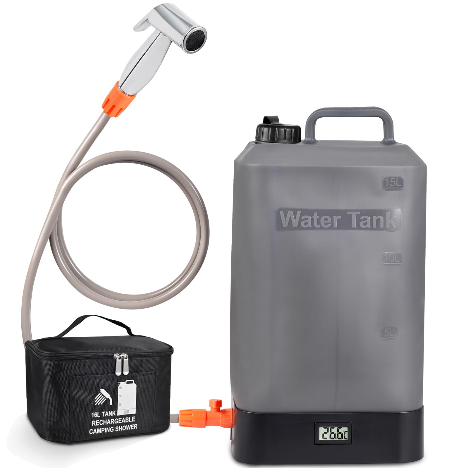 Douche Extérieure Portable 16L Koopsmate – Chauffage Solaire, Batterie, LED, Affichage Température – Camping & Plage