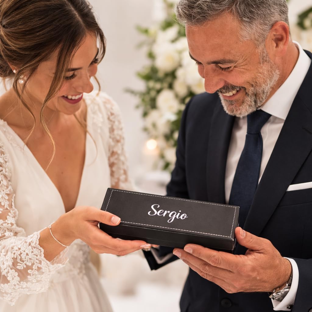 Pack 10 Bolígrafos Personalizados con Nombre – Caja Negra Efecto Cuero | Regalo Invitados Comunión, Boda o Bautizo | 2 BolígrafoS EleganteS Tinta Azul | Detalle para Profesor, Padrino, Testigo