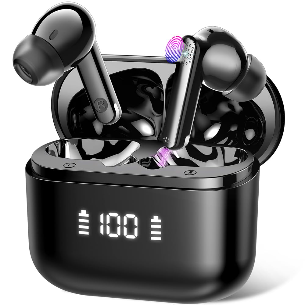 Auriculares Inalámbricos Bluetooth, Auriculares Bluetooth 5.3 con HD Micrófono, HiFi Estéreo, 48H Cascos Inalámbricos con Reducción de Ruido ENC, IP7 Impermeable Auriculares, Pantalla LED, Negro