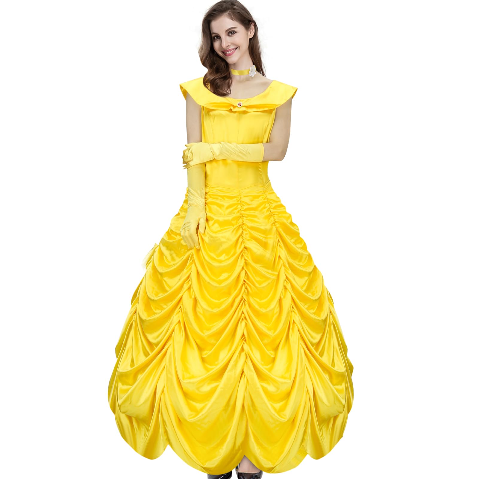 AMNPOLEN Adult Women Beauty Princess Belle Costume Dress Yellow Off Shoulder Prom Ball Gown Outfit Halloween Cosplay Dress up