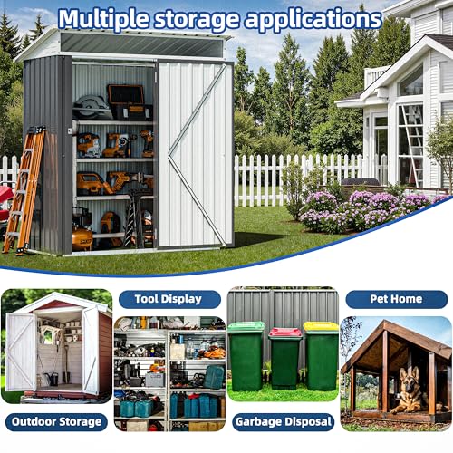 Image of JY QAQA 5x3 FT Outdoor Garden Storage Shed, Waterproof Metal Garden Sheds with Window and Lockable Double Door, Weather Resistant Steel Tool Storage House Shed for Patio, Lawn Dark Gray