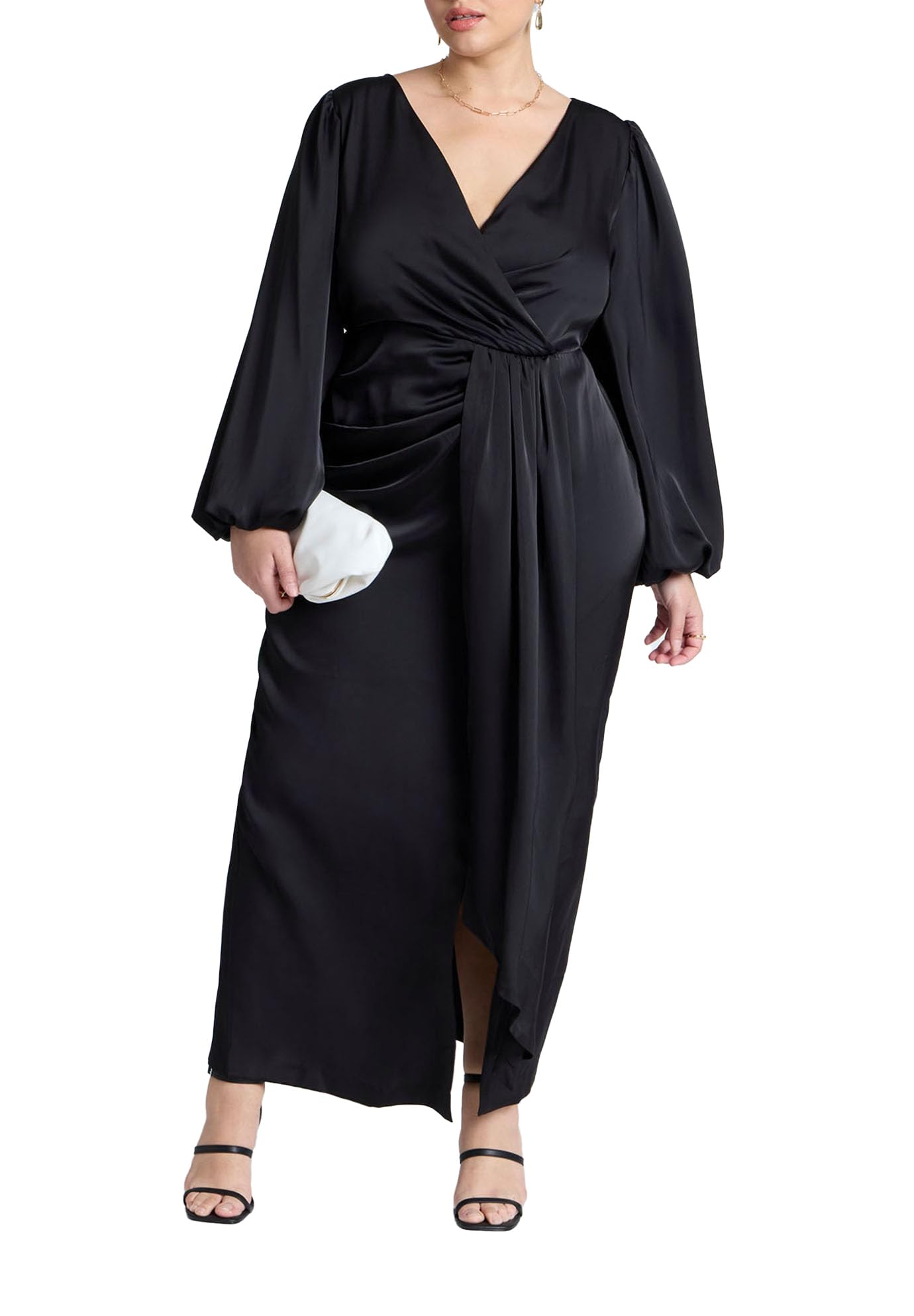 ELOQUII Women's Plus Size Satin Sleeve Pleated Dress